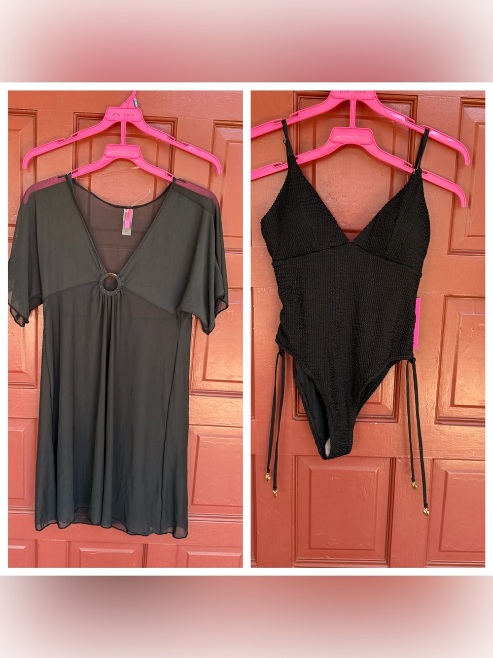 Betsey Johnson Black Sheer Cover-Up and Textured One-Piece Swimsuit Set